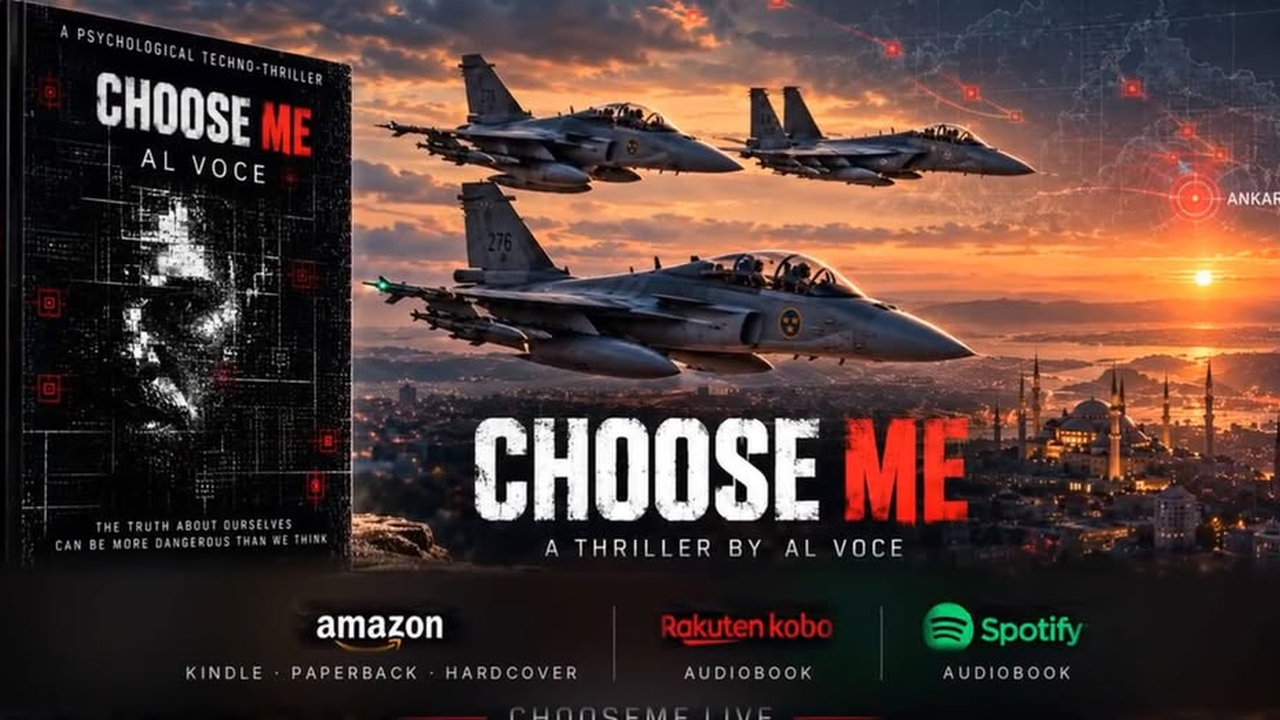 Choose Me by AL VOCE — book and fighter jets over a city at sunset, with Amazon, Kobo and Spotify marks